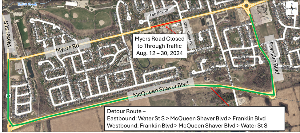 Detour map of Myers Road construction
