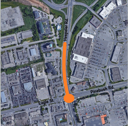 Map of construction area on Hespeler Road between Highway 401 and Pinebush Road/Eagle Street