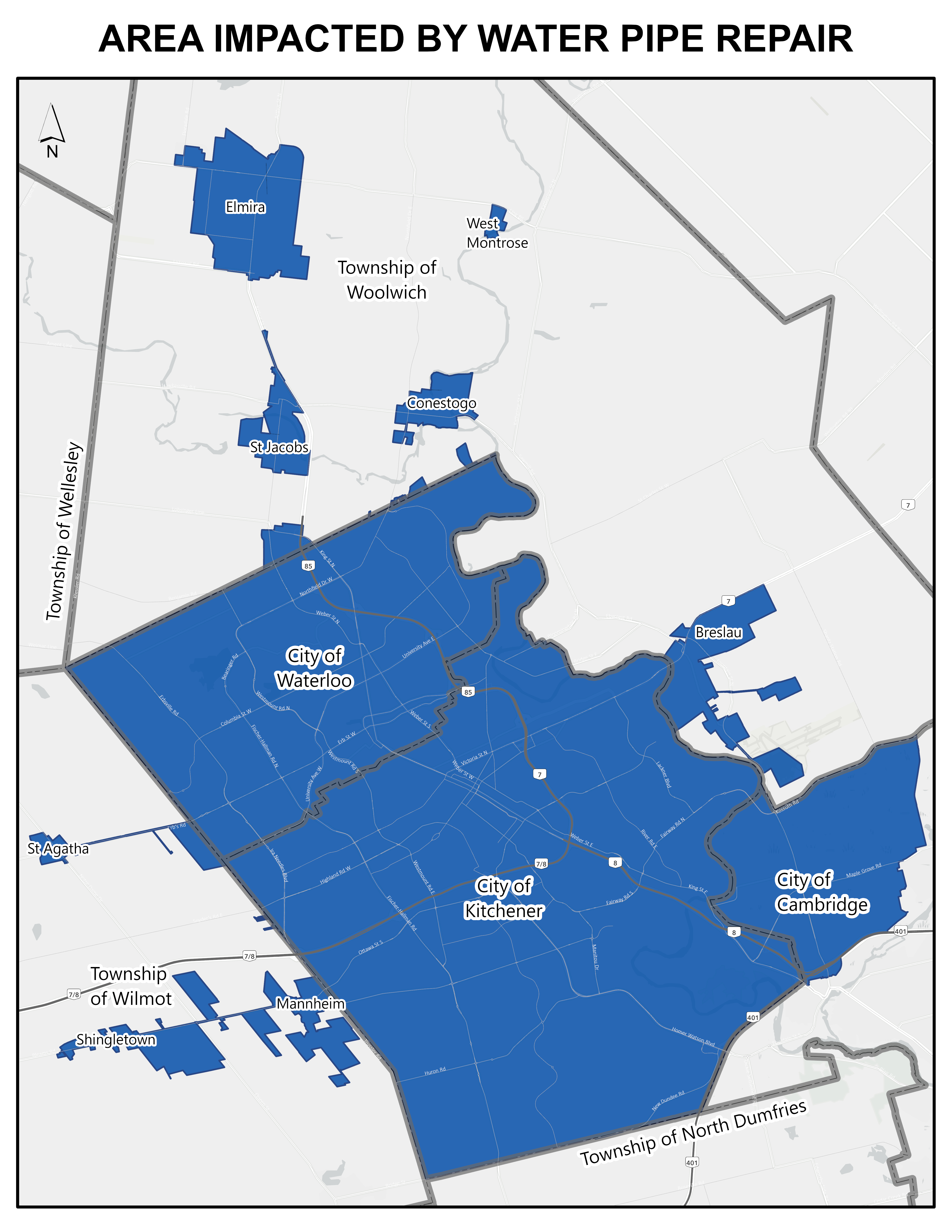 map of waterloo region showing the impacted areas
