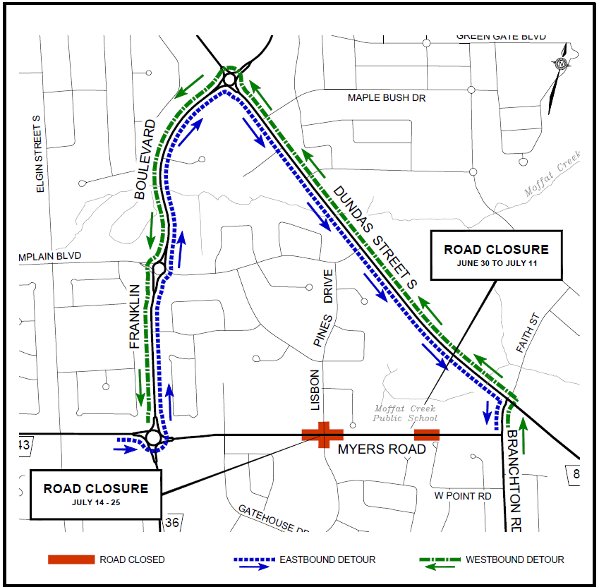 Detour map for westbound and eastbound traffic