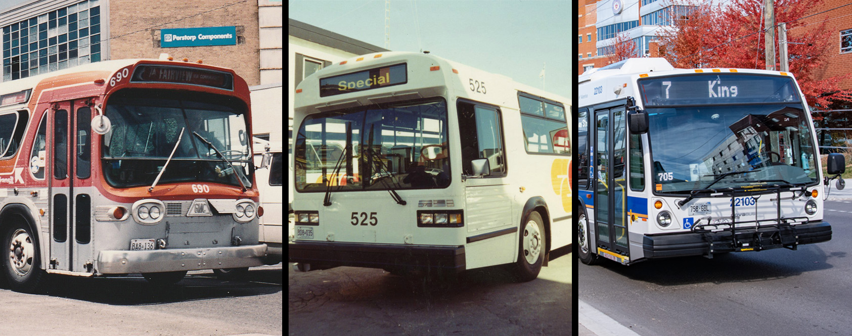 Collage showing Kitchener Transit, Cambridge Transit and GRT buses