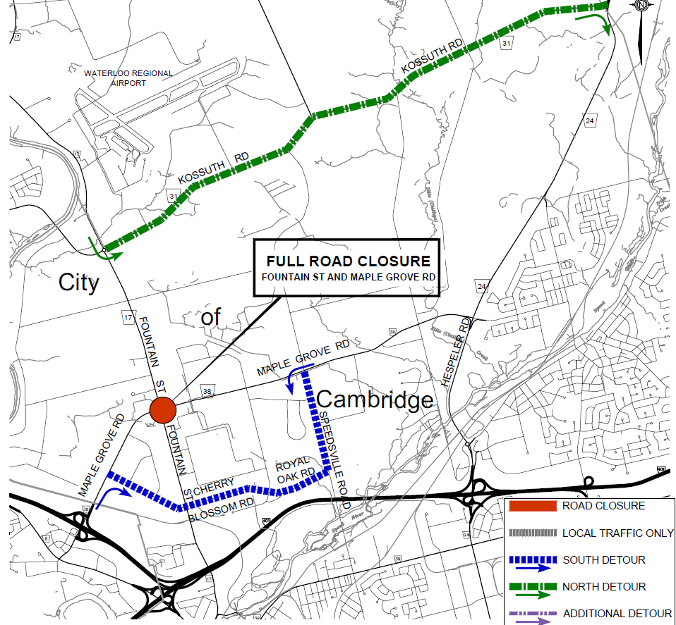 Detour map for Fountain Street and Maple Grove Road