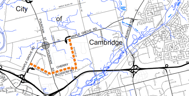 The detour route to avoid the full closure at Fountain Street and Maple Grove Road includes Cherry Blossom Road and Boxwood Drive.