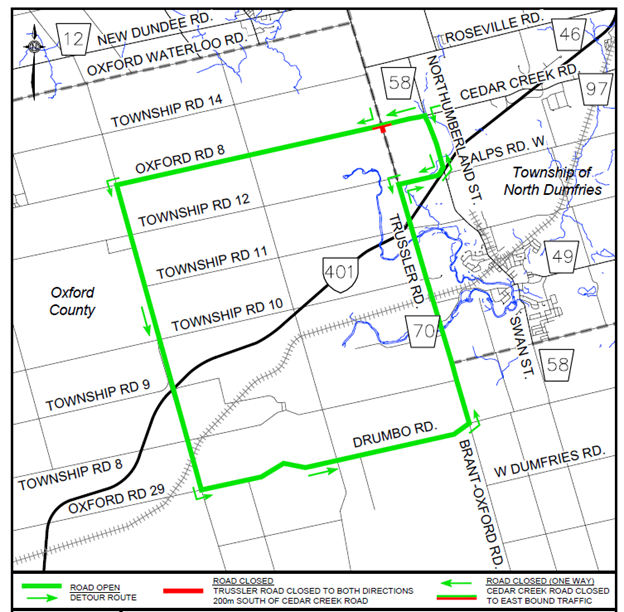 Detour map for Trussler Road and Cedar Creek construction. 