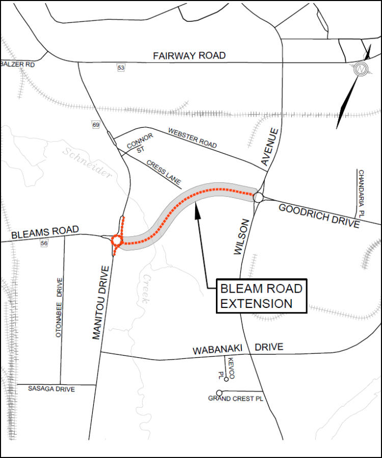 Bleams Road extension map between Wilson Avenue and Manitou Drive