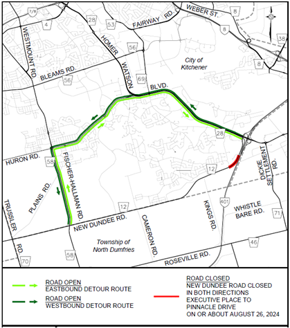 Detour map of New Dundee Road