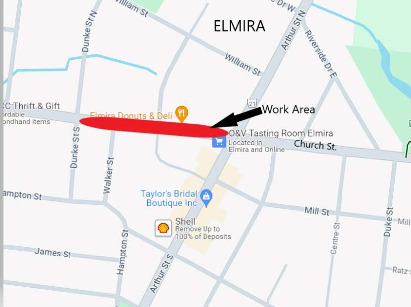 Map of construction area on Church Street from Arthur St. to Dunke St. in Elmira