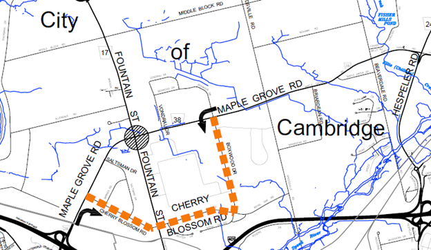 Detour map for east and west bound traffic travelling aong Maple Grove Road in Cambridge